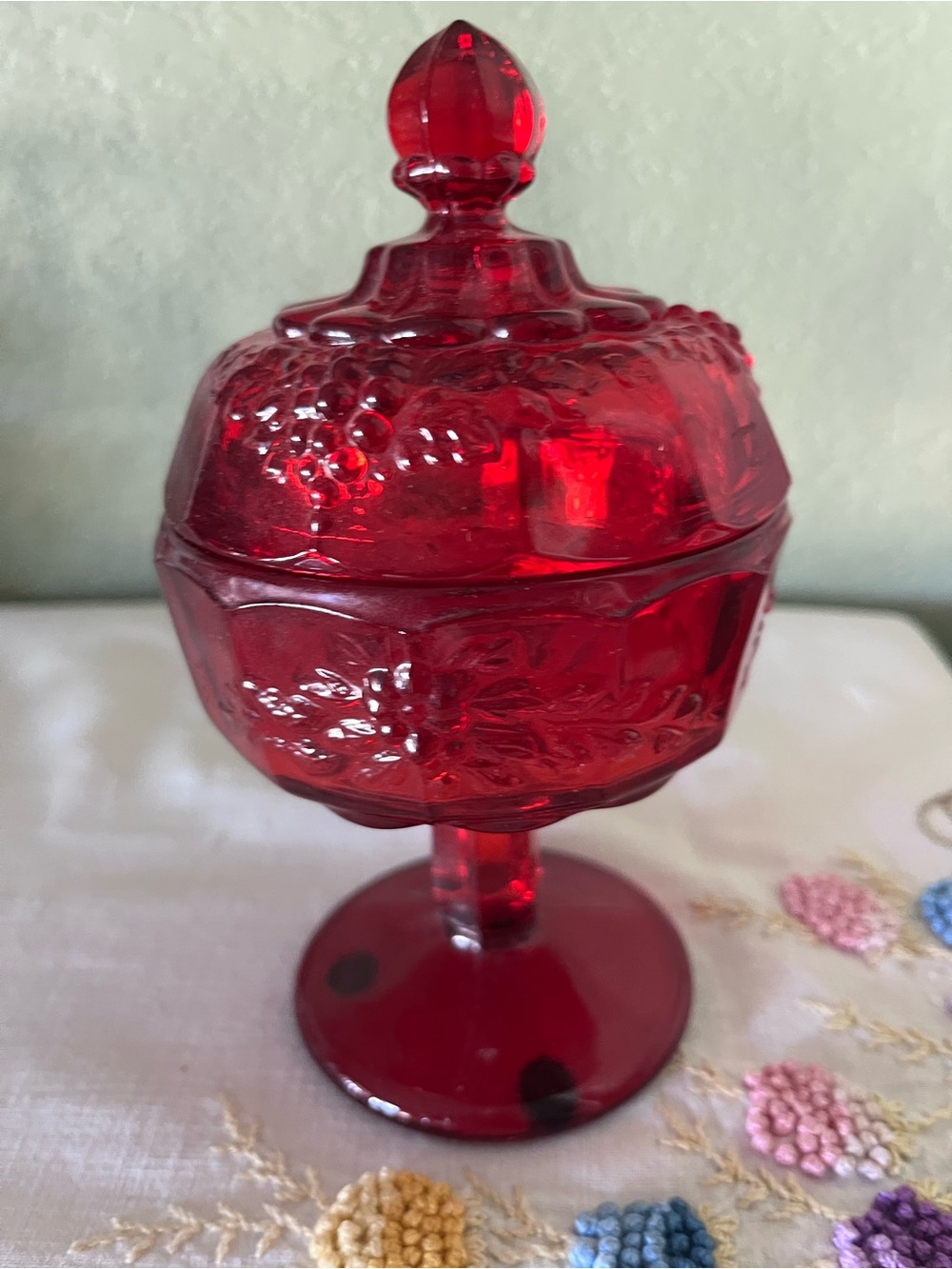 Vintage L.G. Wright Ruby Red Panel Grape Pedestal Candy Dish Compote Amberina